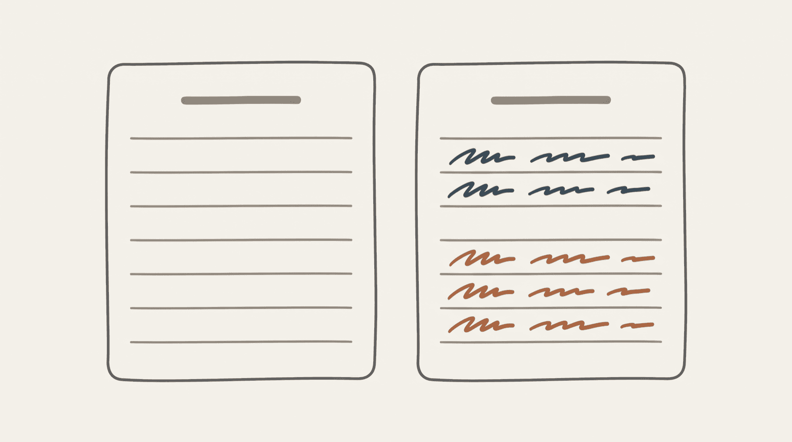 Two facing notebook pages. The left is empty; the right carries lines of writing.