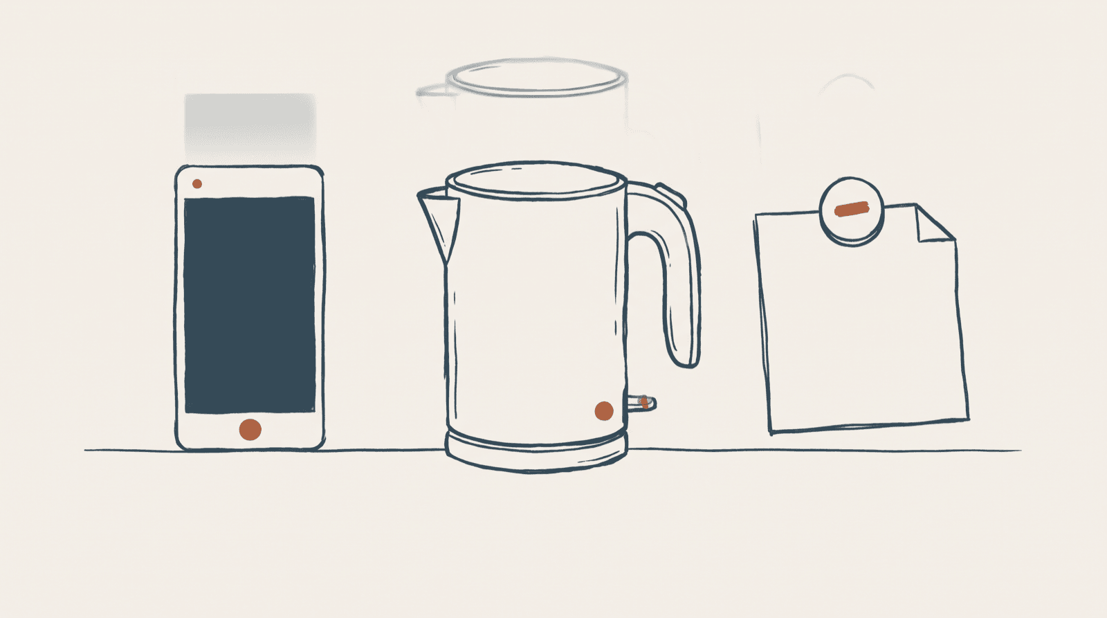 Three ordinary objects in a row: a phone lying face up with a blank screen, an electric kettle, and a folded note under a magnet.