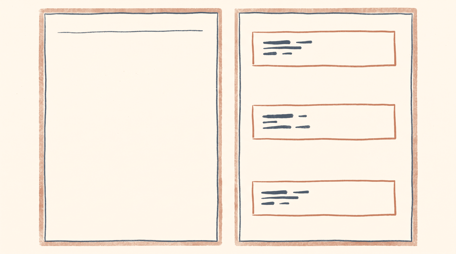 An empty page beside one divided into 3 short bounded rows, each row already written in.