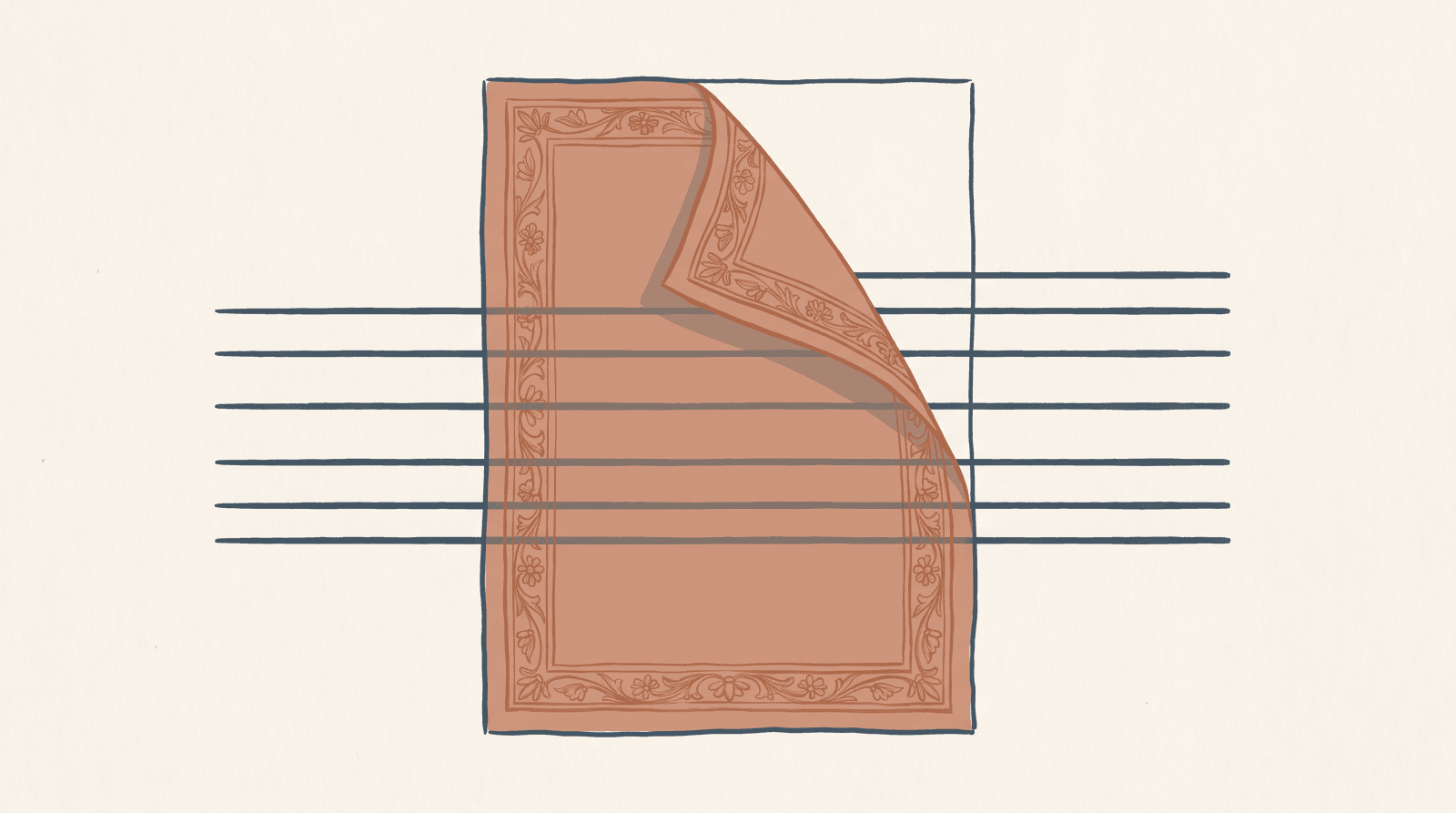A decorative sheet peeling back from a page, with the same ruled lines running on underneath it, unbroken.
