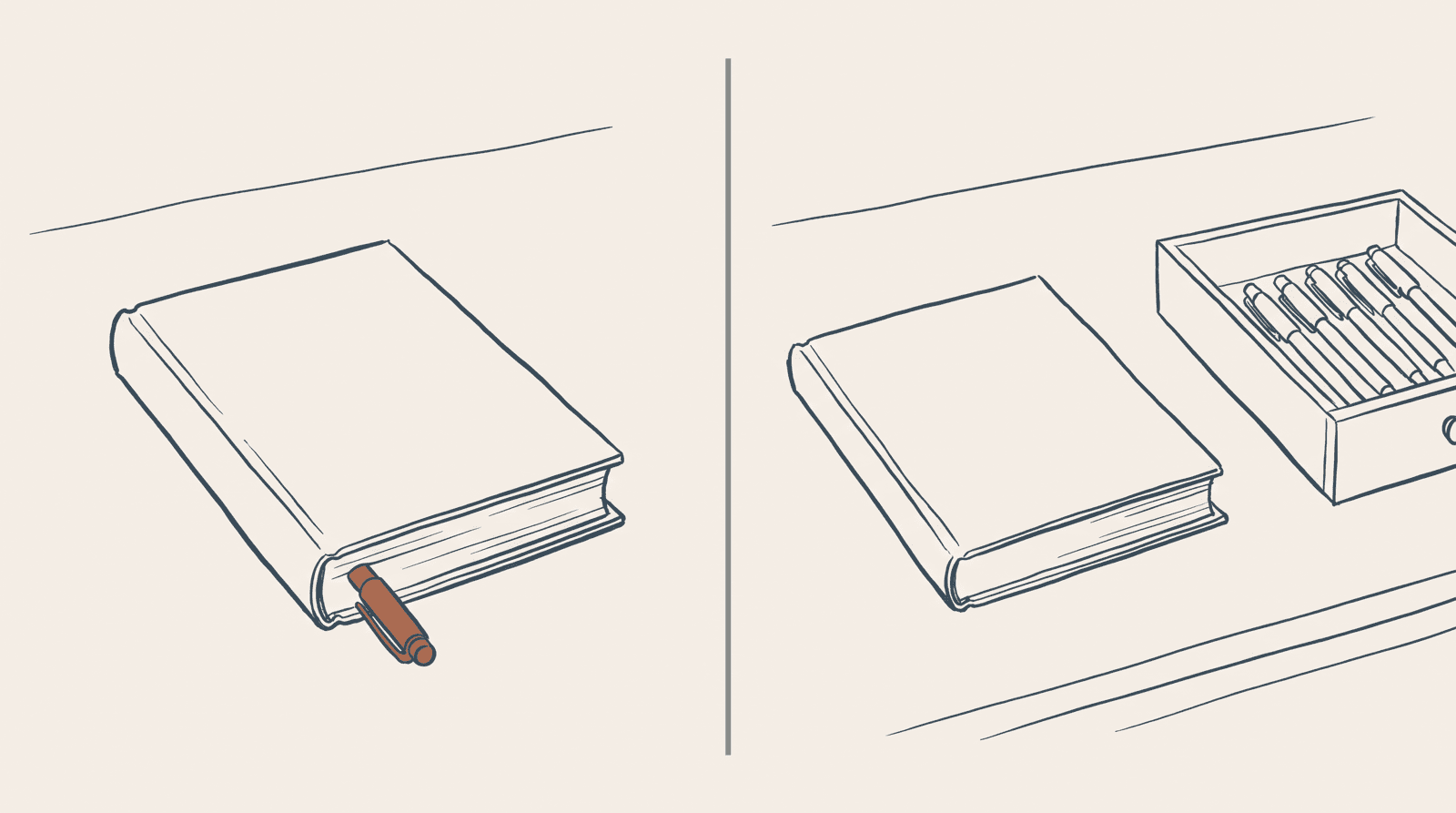 A pen kept inside a closed book, beside the same book with its pens in a drawer across the room.