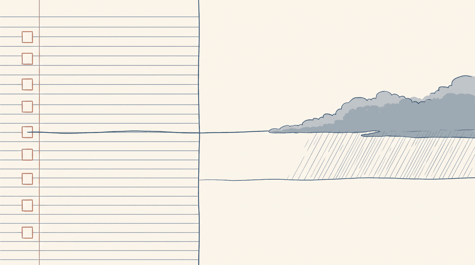 A column of 8 empty boxes on a notebook page, a line running from it across a flat horizon into rain.