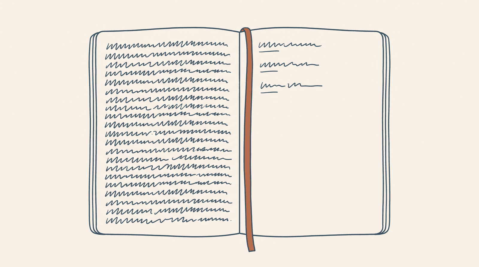 An open notebook. The left page is filled top to bottom with handwriting; the right page holds only 3 short lines near the top and is otherwise empty.