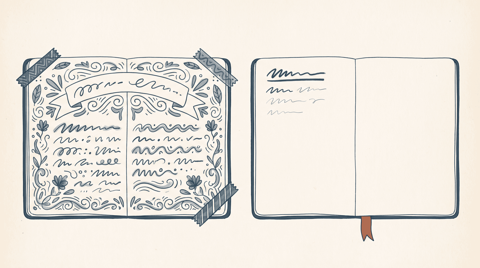Two open notebooks side by side. The left one is covered in borders, drawn flowers, tape and dense writing; the right one has 4 short lines at the top of one page and is otherwise empty.
