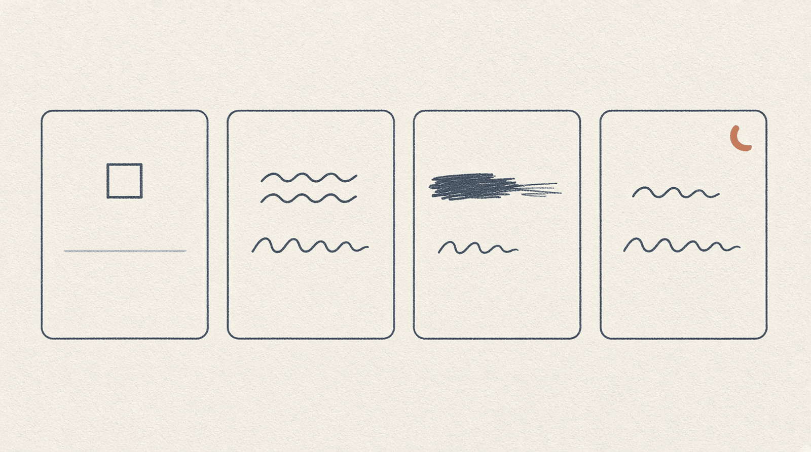 Four small notebook cards in a row. Each has a different abstract day mark at the top and a short line underneath; one card carries a small terracotta accent.