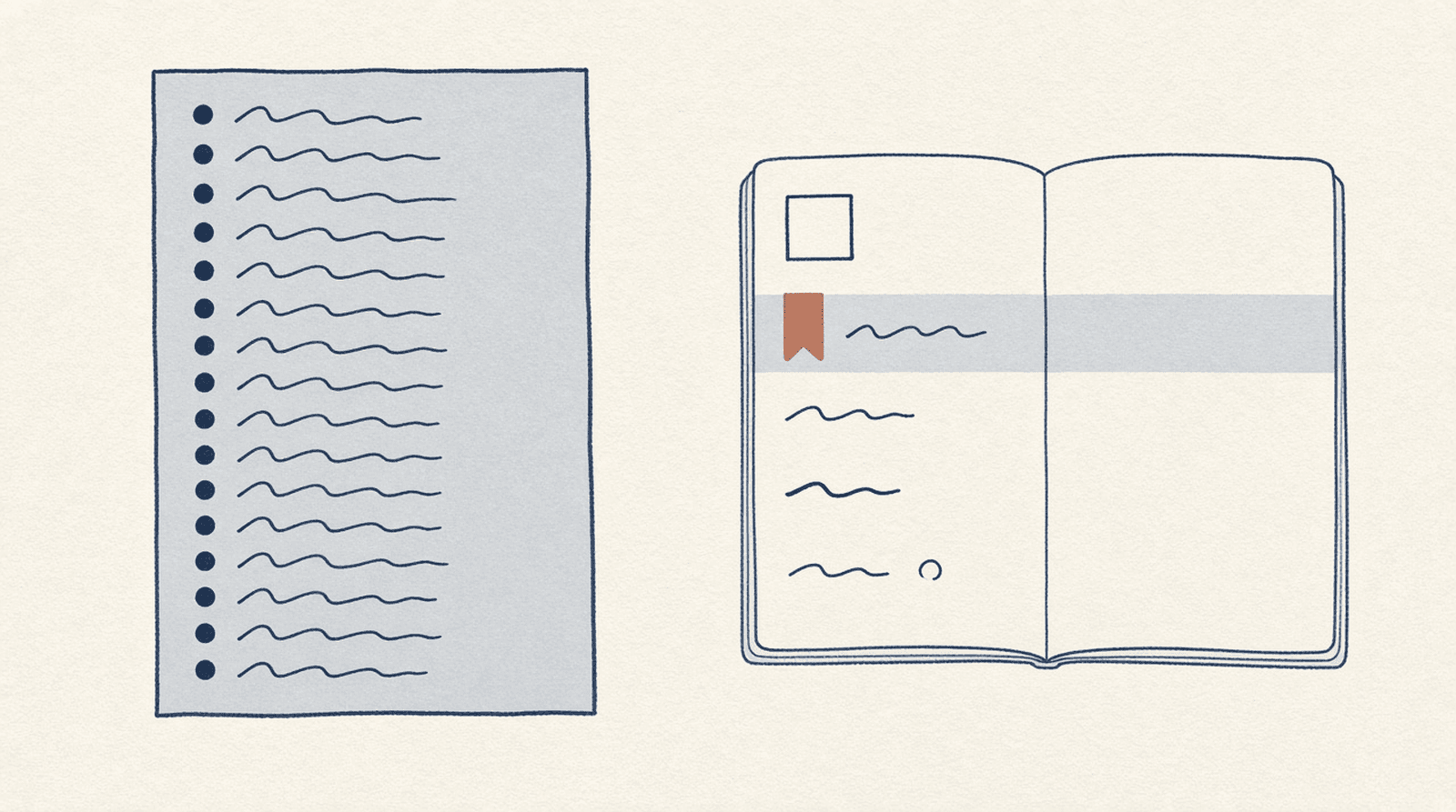 A tall crowded list of many short unmarked rows sits beside a smaller notebook page with four day slots; only one slot is marked and has a short line under it.