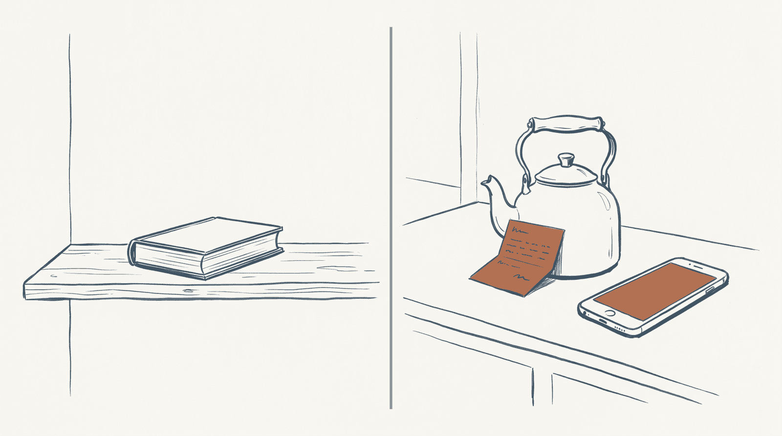 A closed journal on a shelf beside a note propped against a kettle: a container next to a cue.