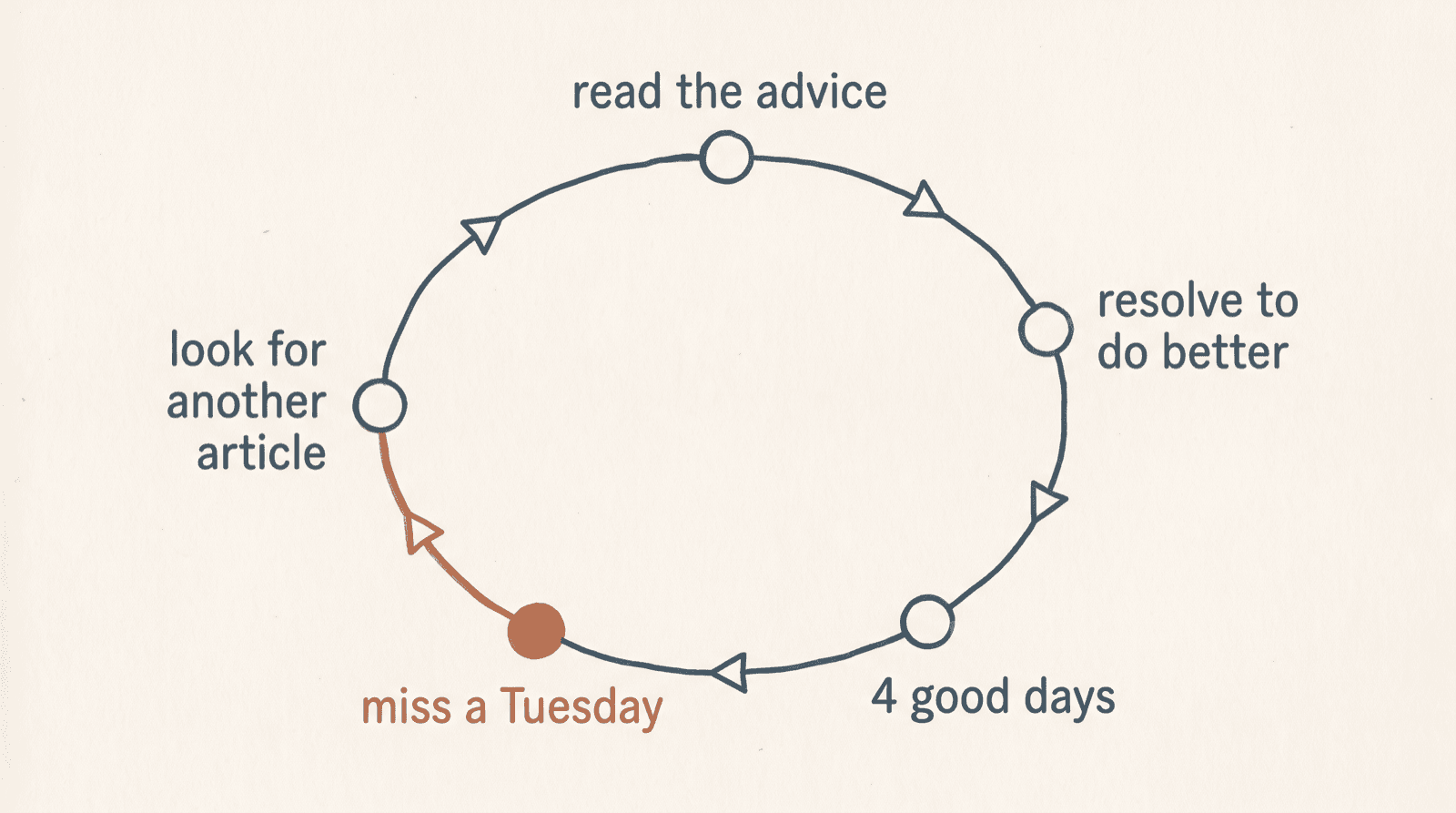 A hand-drawn cycle diagram of 5 stages joined in a closed loop: read the advice, resolve to do better, 4 good days, miss a Tuesday, look for another article. The missed Tuesday is picked out in terracotta. The loop has no exit anywhere.