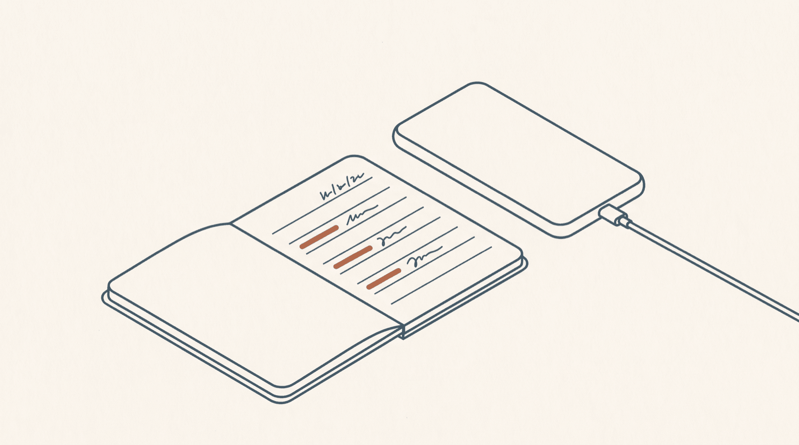 An isometric line drawing of an open pocket notebook beside a face-down phone on its charger. The notebook's page shows a date and 3 short ruled lines, each with a name mark in terracotta and one line of writing after it. The rest of the page is empty.