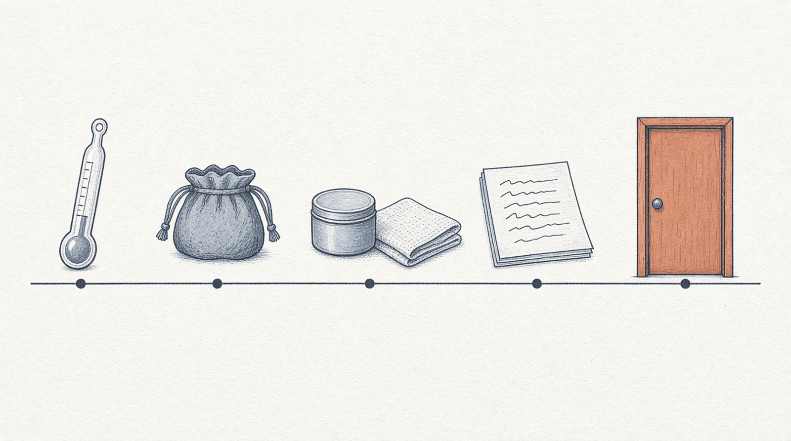 A thermometer, a coin purse, a jar of salve with a folded cloth, a letter sheet with squiggles, and a closed terracotta door sit in a row on a timeline.