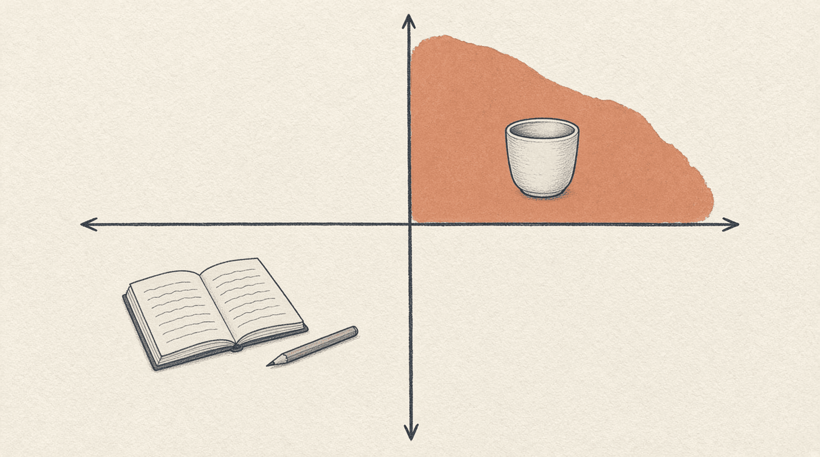 2 crossing axes divide the page, a shaded upper-right quadrant holds an empty cup, and an open notebook and pencil sit in the lower-left quadrant.